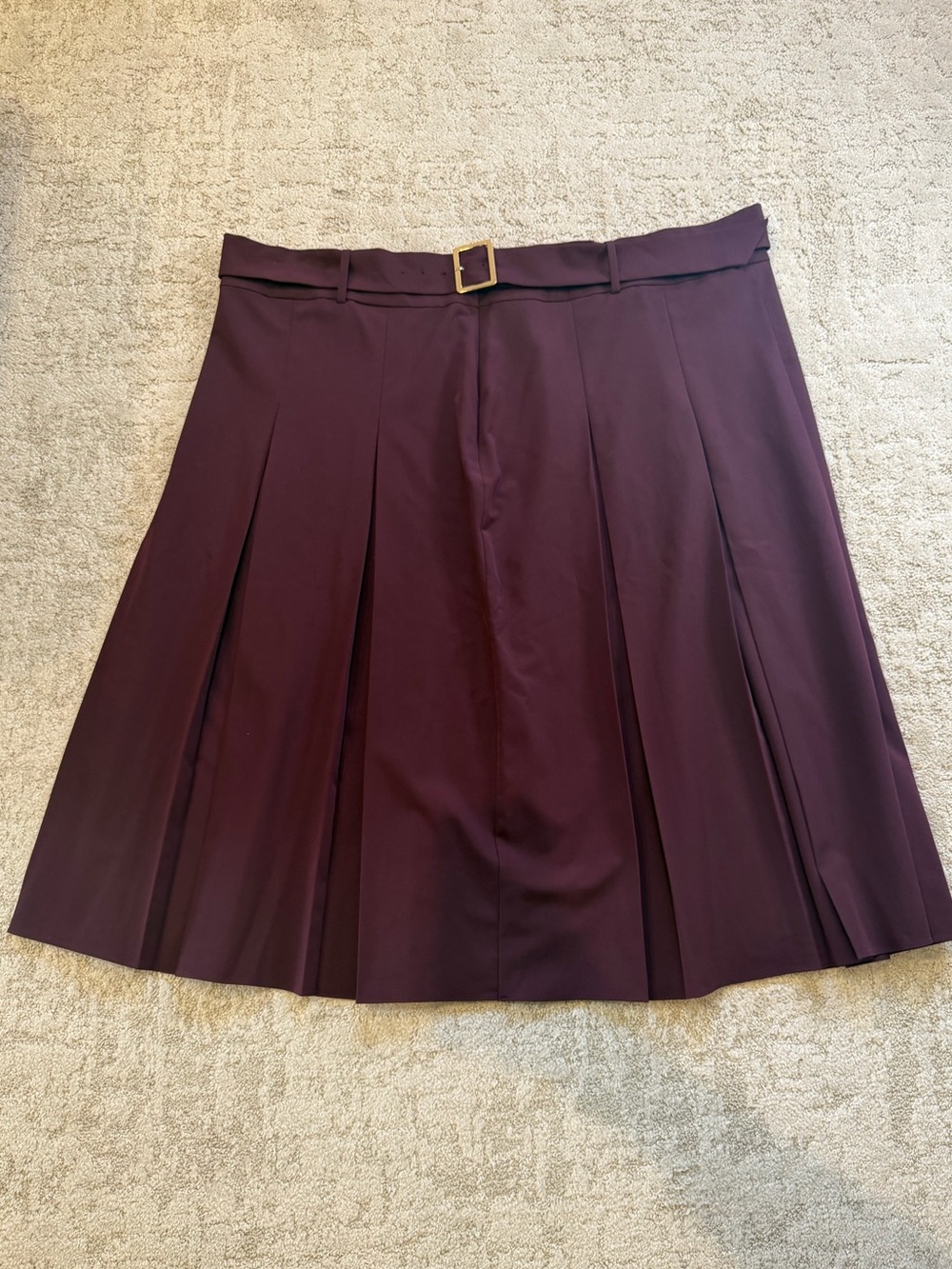 Worthington Women's Pleated A-Line Skirt in Deep Plum/Burgundy with Gold Belt